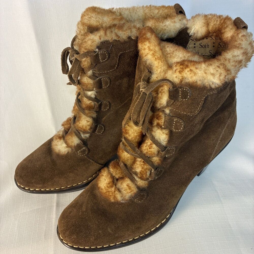 Womens Sofft Suede Fur-Lined Wedge Heel Boots Shoes Zip Sides Chestnut Brown 9
